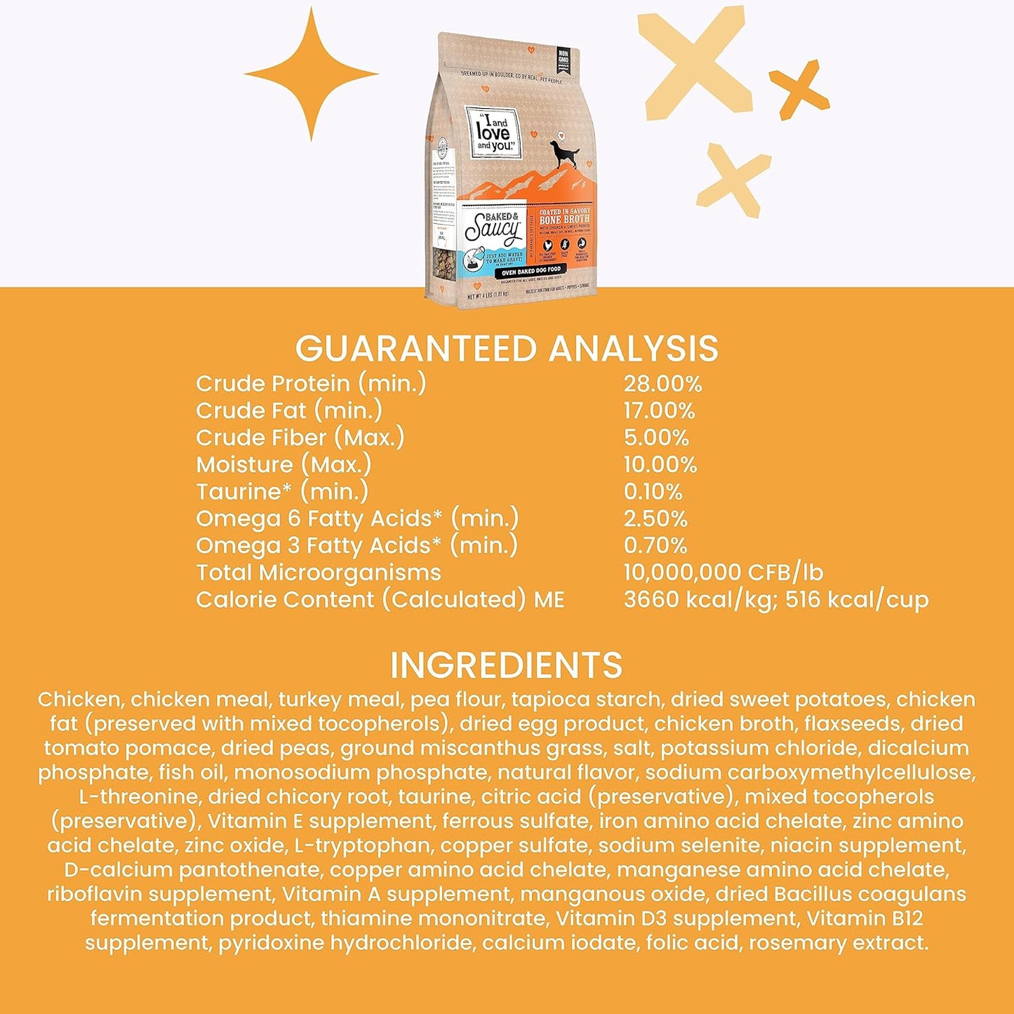 I AND LOVE AND YOU Baked and Saucy Dry Dog Food - Chicken + Sweet Potato - Prebiotic + Probiotic, Real Meat, Grain Free, No Fillers, 4lb Bag