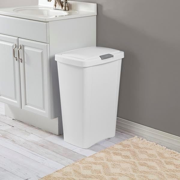 Sterilite 13 Gallon Plastic Swing Top Spave Saving Flat Side Lidded Wastebasket Trash Can for Kitchen, Garage, or Workspace, White