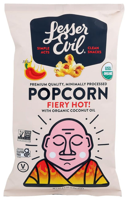 LesserEvil Fiery Hot Organic Popcorn, Premium Quality, Minimally Processed, No Vegetable Oil, 4.6 Oz, Pack of 3
